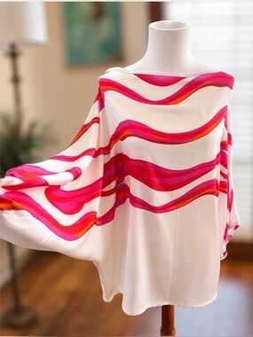 Silky Boat Neck Poncho Top Pink Orange Wave Print L XL